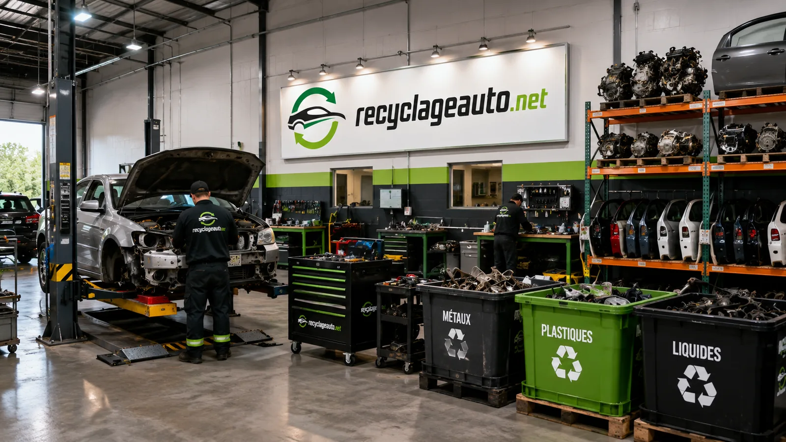 Atelier de démantèlement automobile avec bacs de tri des métaux, plastiques et liquides